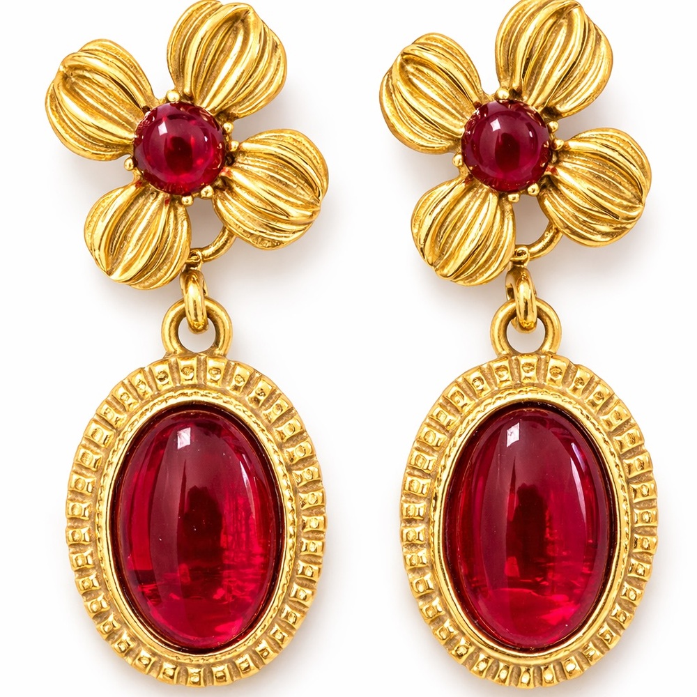 Gold and Red Floral Drop Earrings